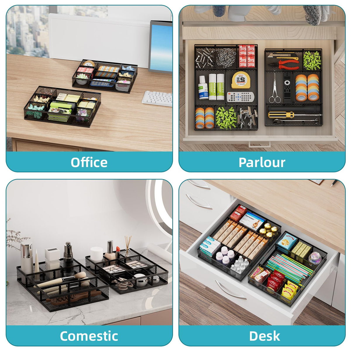 Marbrasse 2 Pack Desk Drawer Organizer, Mesh Drawer Organizer Tray with 8 Adjustable Compartments