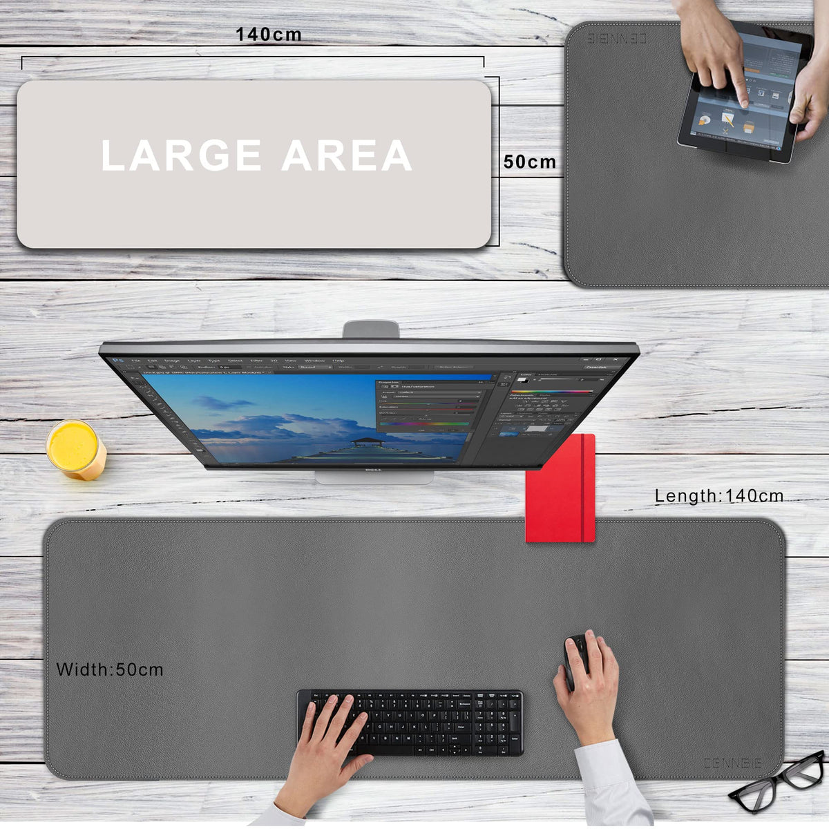 CENNBIE Leather Desk Mat, 55''x19.6'' Extra Large Desk Pad (Grey)