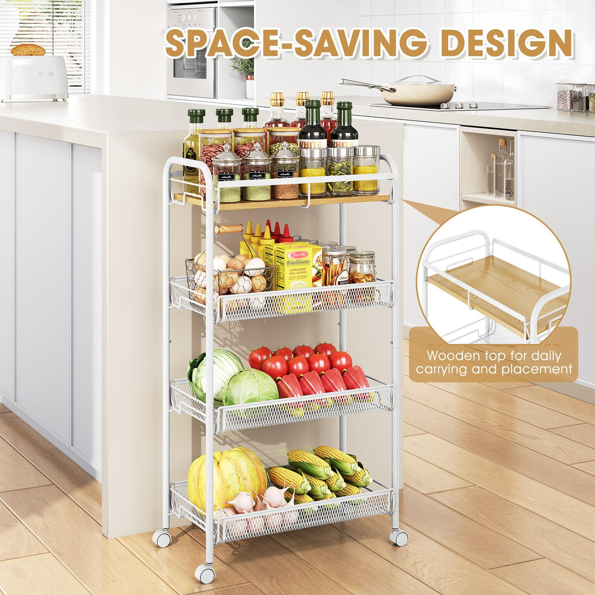 TOOLF 4-Tier Rolling Cart, Metal Utility Cart, Slide Out Storage Cart with Wooden Tabletop and Mesh