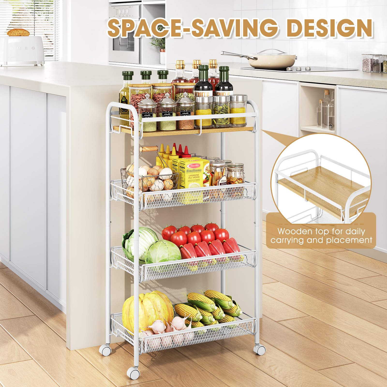 TOOLF 4-Tier Rolling Cart, Metal Utility Cart, Slide Out Storage Cart with Wooden Tabletop and Mesh