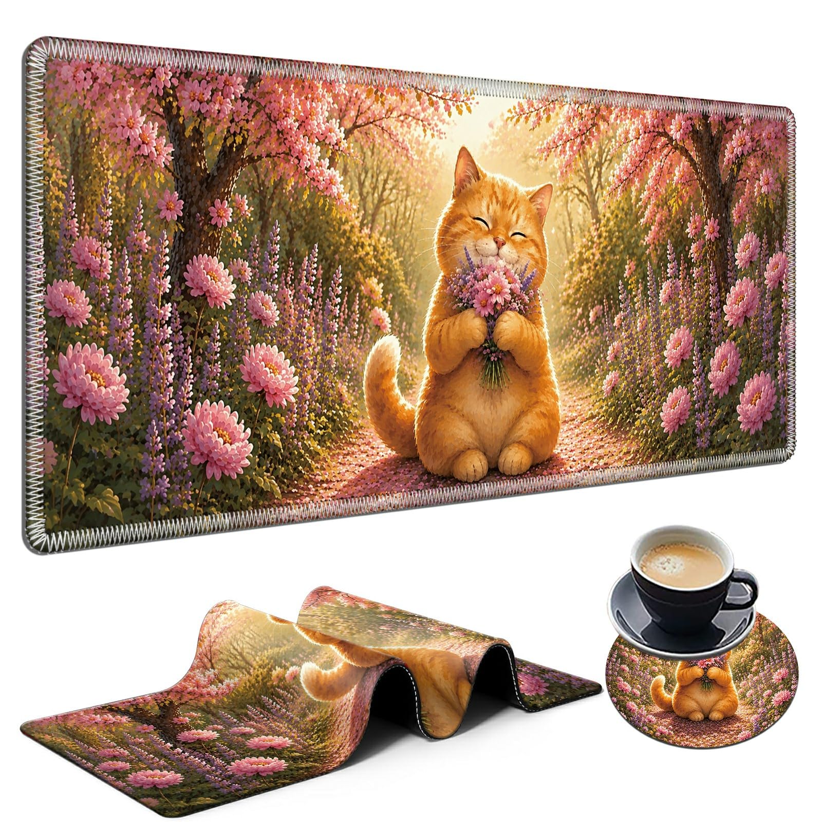 Garden Flower Cat Large Mouse Pad, 31.5 x 11.8 in Extended Desk Mat