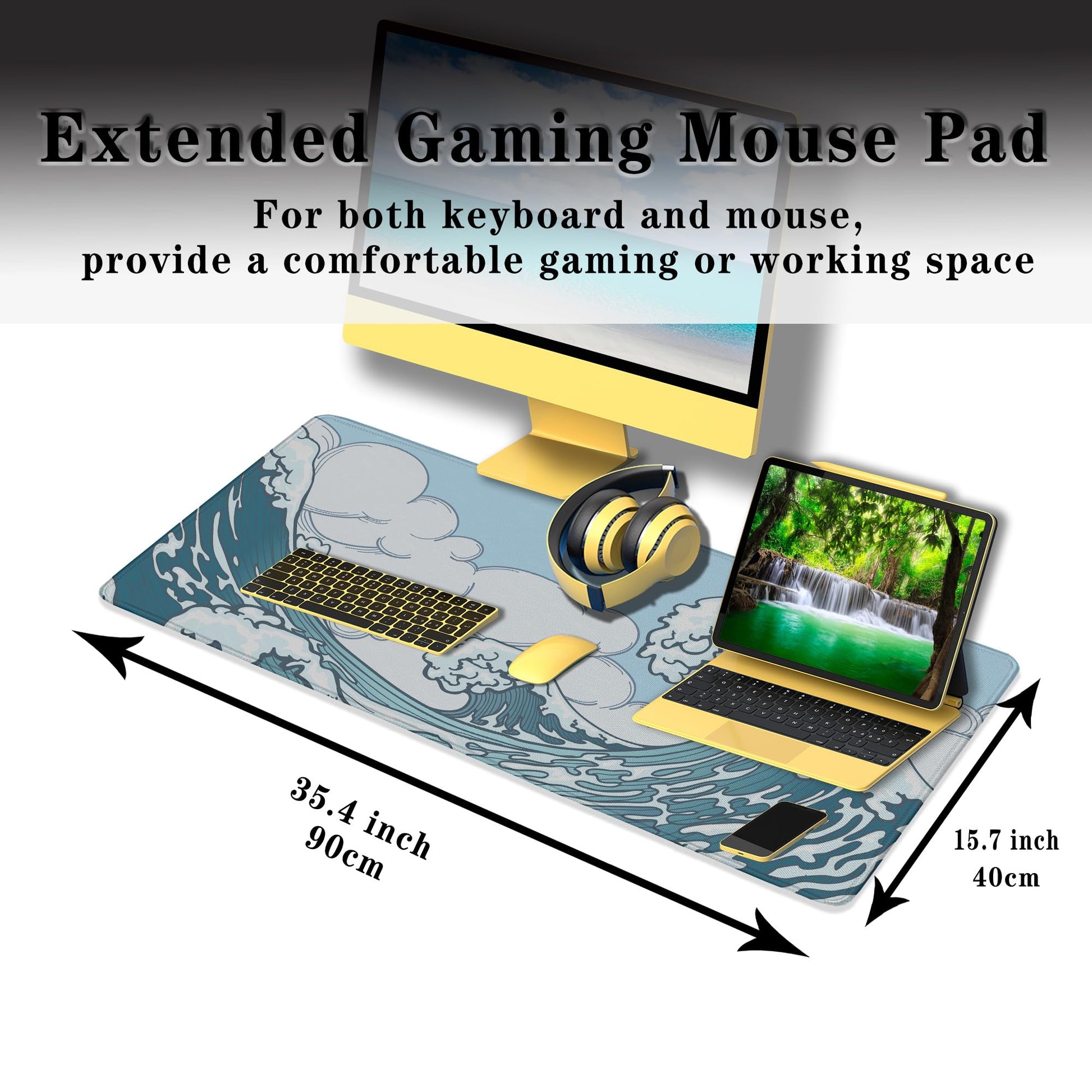 Samgula Big Mouse Pad Blue and White, Great Wave Desk Mouse Pads Office Desk Pads, Extra Large