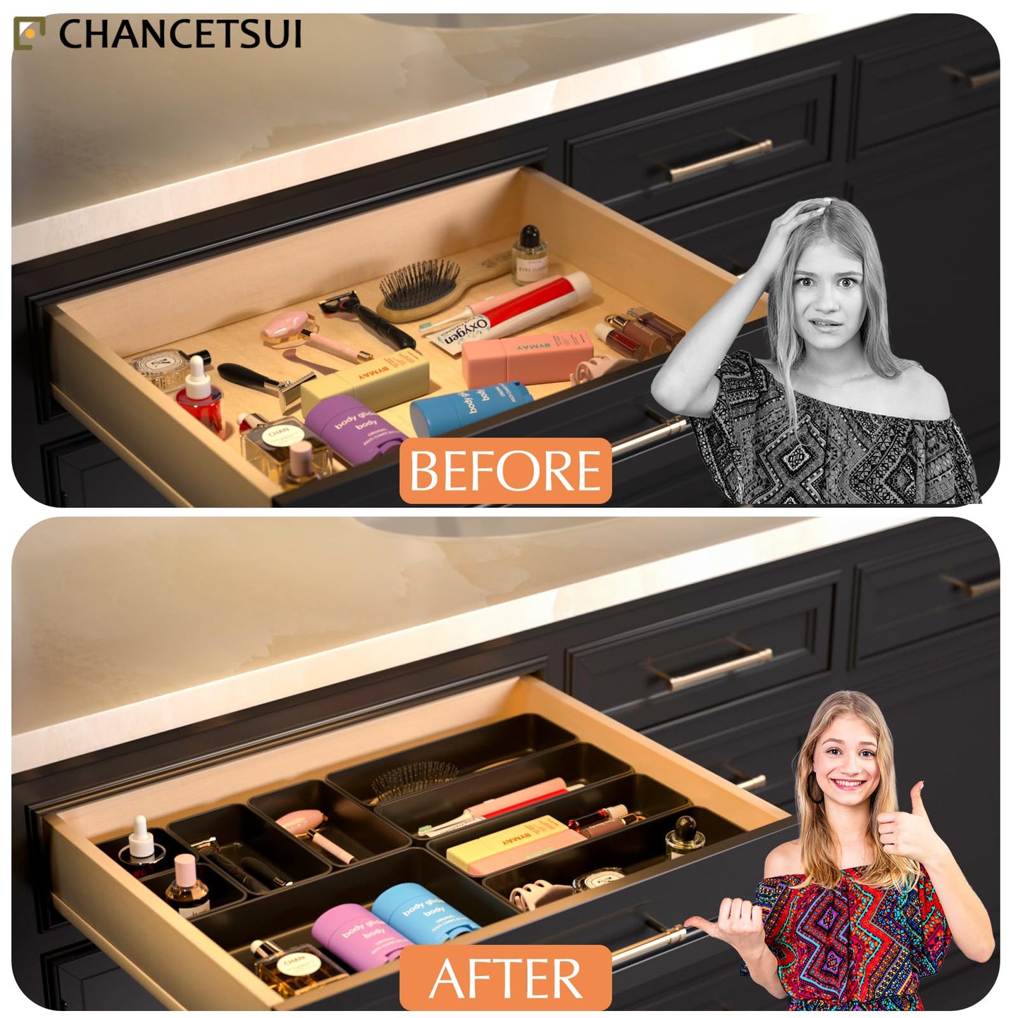 Black Bathroom Drawer Organizer Trays: 9 PC Stackable Desk Organizers Bin