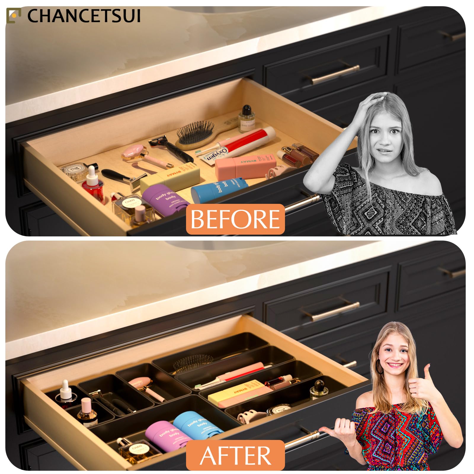 Black Bathroom Drawer Organizer Trays: 9 PC Stackable Desk Organizers Bin
