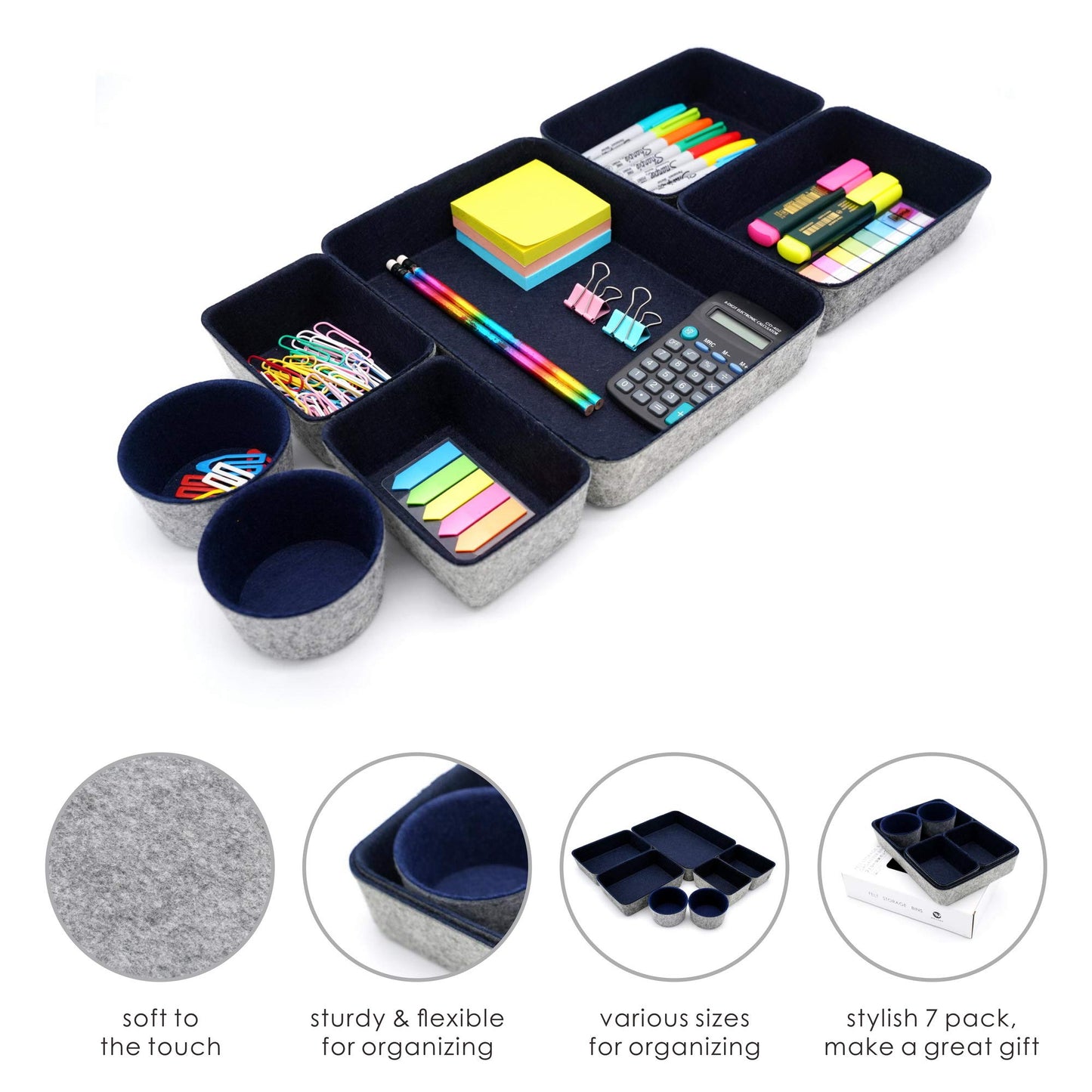 Welaxy 7 Piece Felt Desk Drawer Organizer Storage Bin Navy Catchall Tray