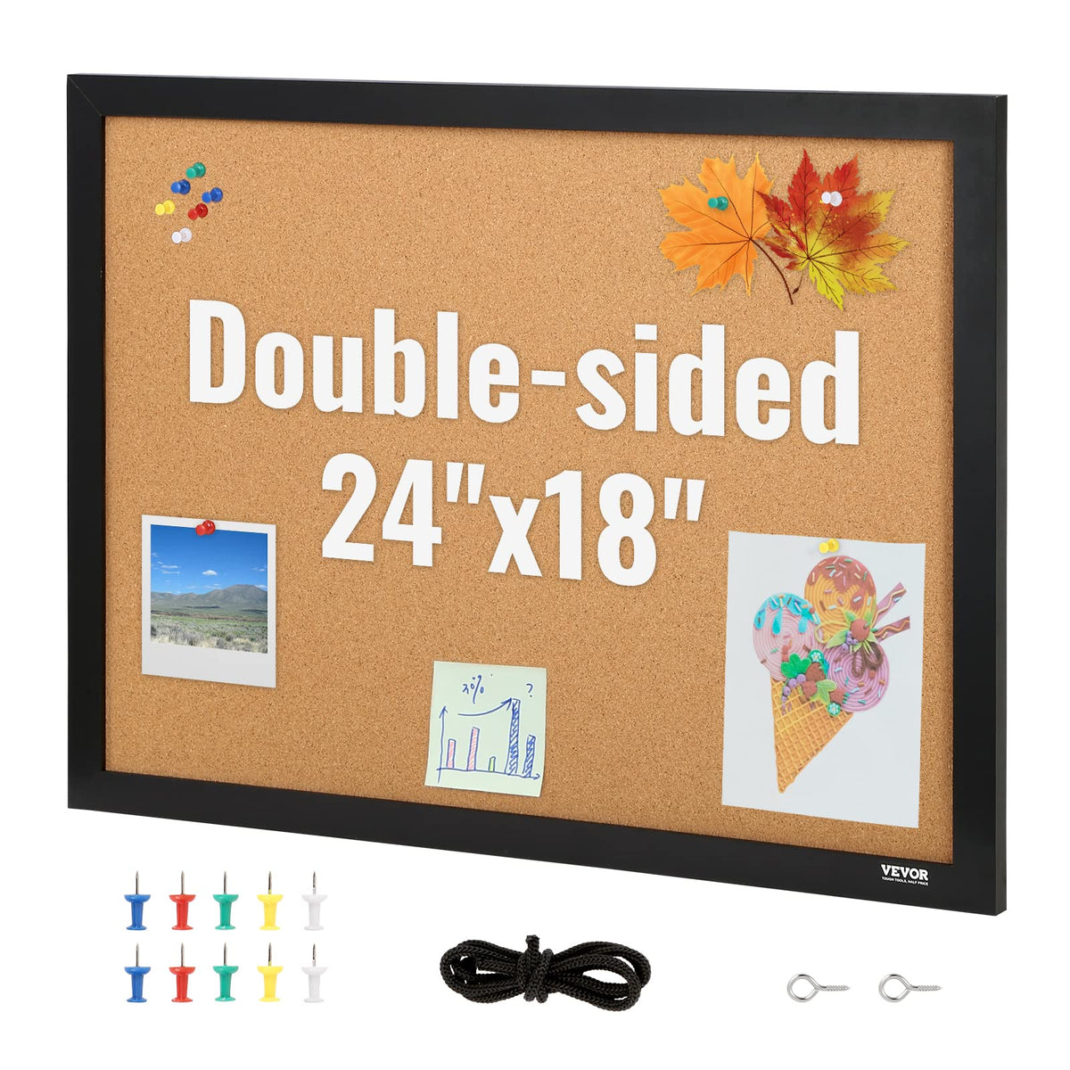 VEVOR Cork Board for Walls, Double-Sided Cork 24" x 18" Bulletin Board Vision Board, Push Pin Board