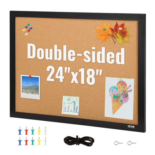 VEVOR Cork Board for Walls, Double-Sided Cork 24" x 18" Bulletin Board Vision Board, Push Pin Board