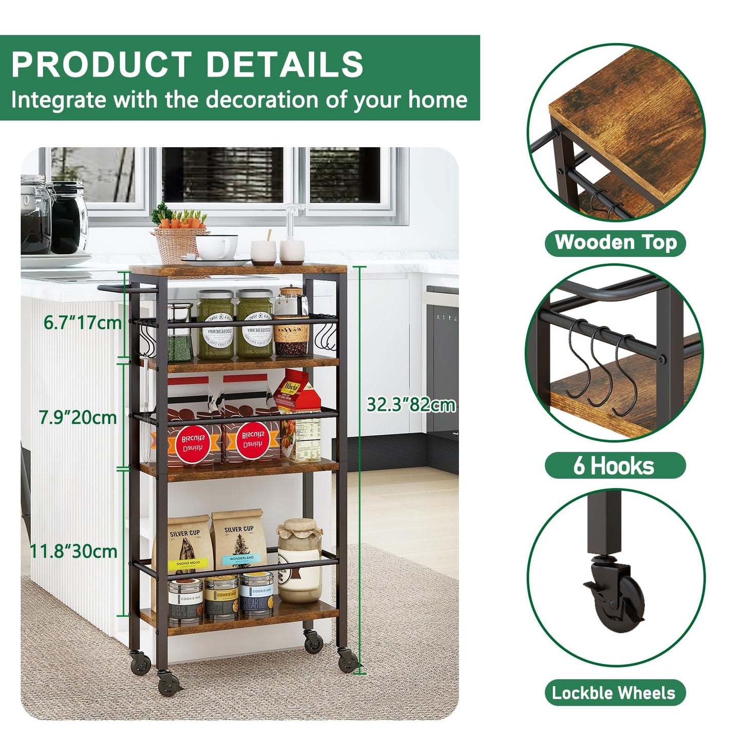 IBUYKE Slim Rolling Storage Cart, Kitchen Cart Utility Shelving UTMJ065H