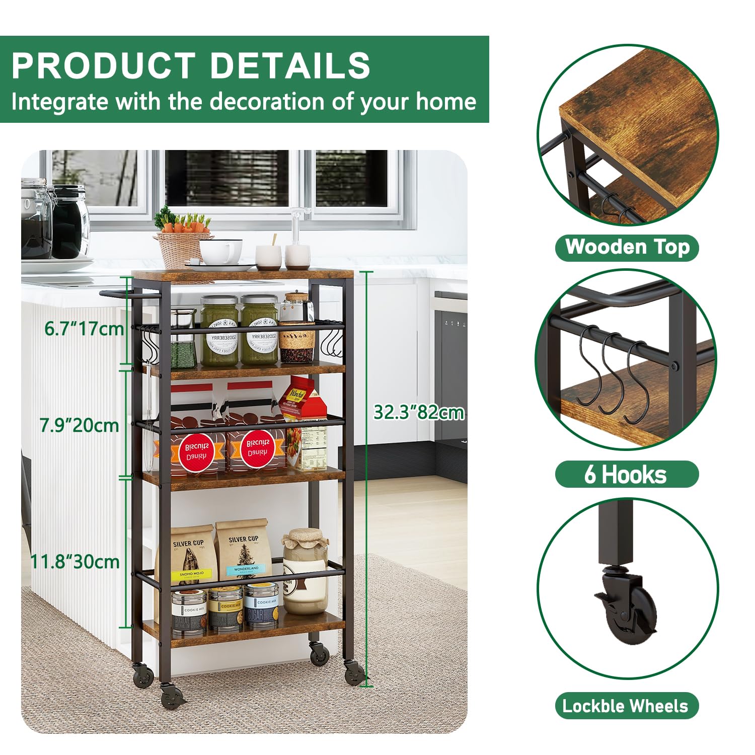 IBUYKE Slim Rolling Storage Cart, Kitchen Cart Utility Shelving UTMJ065H