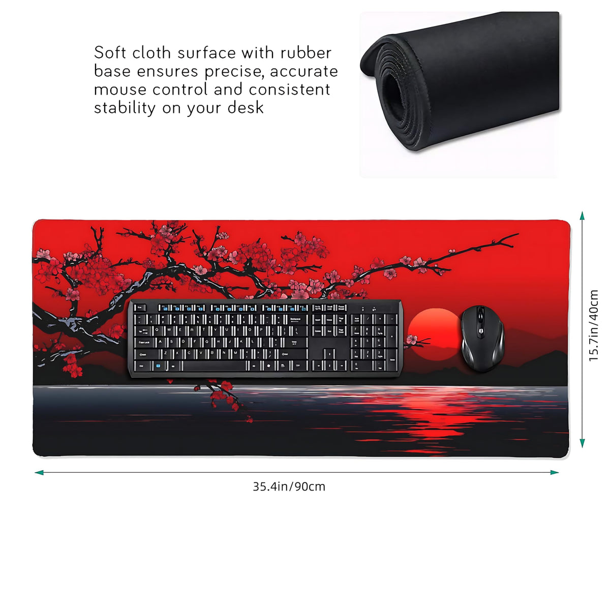 Aesthetic Cherry Blossom Gaming Mouse Pad, Black Red Japanese Desk Mat with Anti-Slip Base &