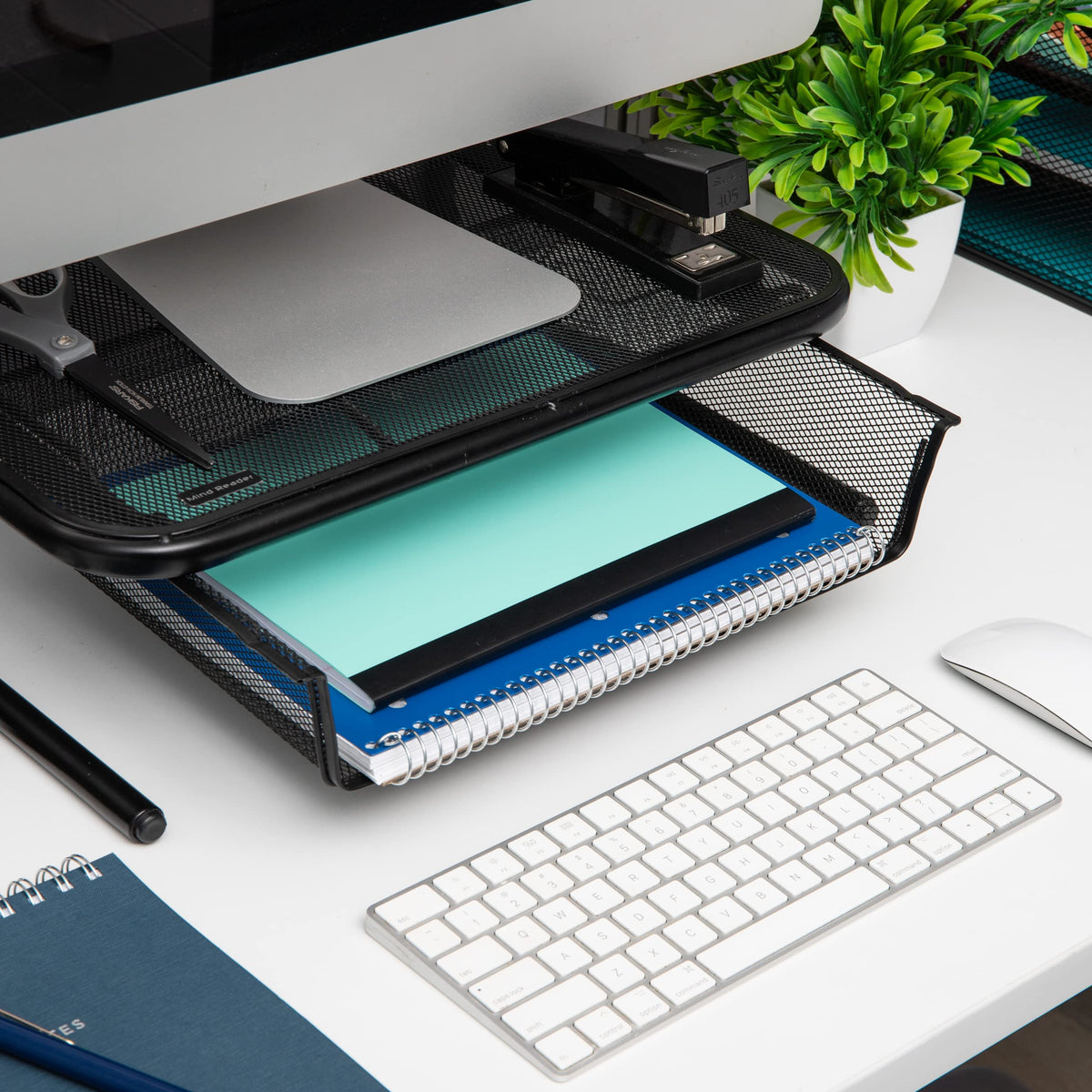 Mind Reader Monitor Stand, Ventilated Laptop Riser, Desktop Organizer, Paper Tray, Metal Mesh