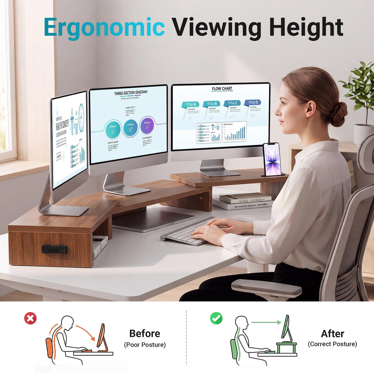 BONTEC Triple Monitor Stand Riser with Smartphone Holder, Walnut