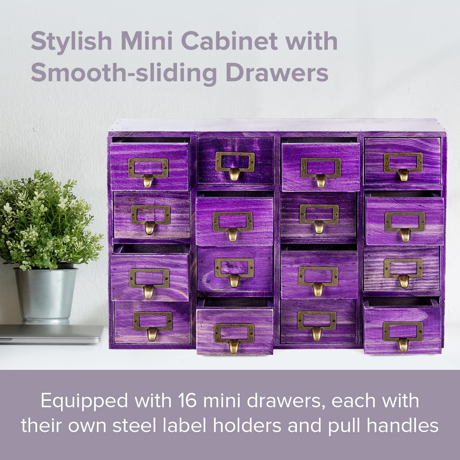 Purple 16-Slot Wooden Drawer Unit - Country Style Desk Organizer Box - 20"x3.6”x14” Wooden Storage