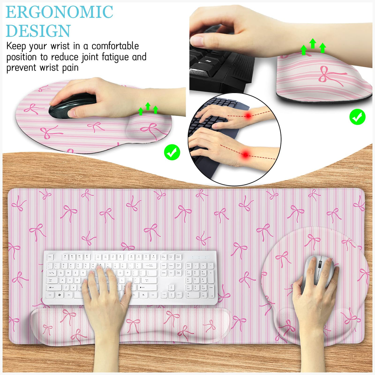 LIMKRIAN Pink Striped Mouse Pad Desk Mat Set, Cute Back to School Supplies