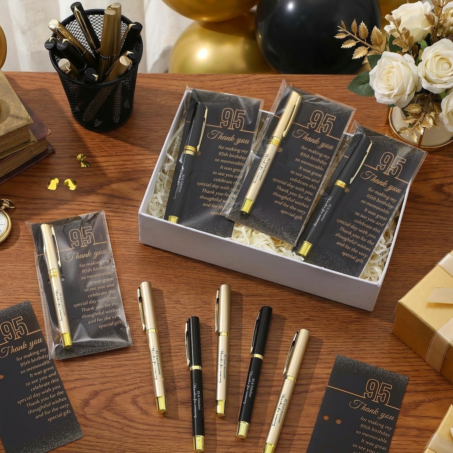 Feifeiya 50 Set 95th Birthday Favors with Black Gold Pens Cards