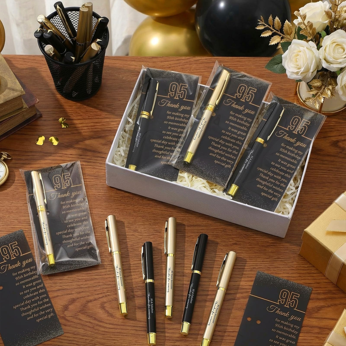 Feifeiya 50 Set 95th Birthday Favors with Black Gold Pens Cards