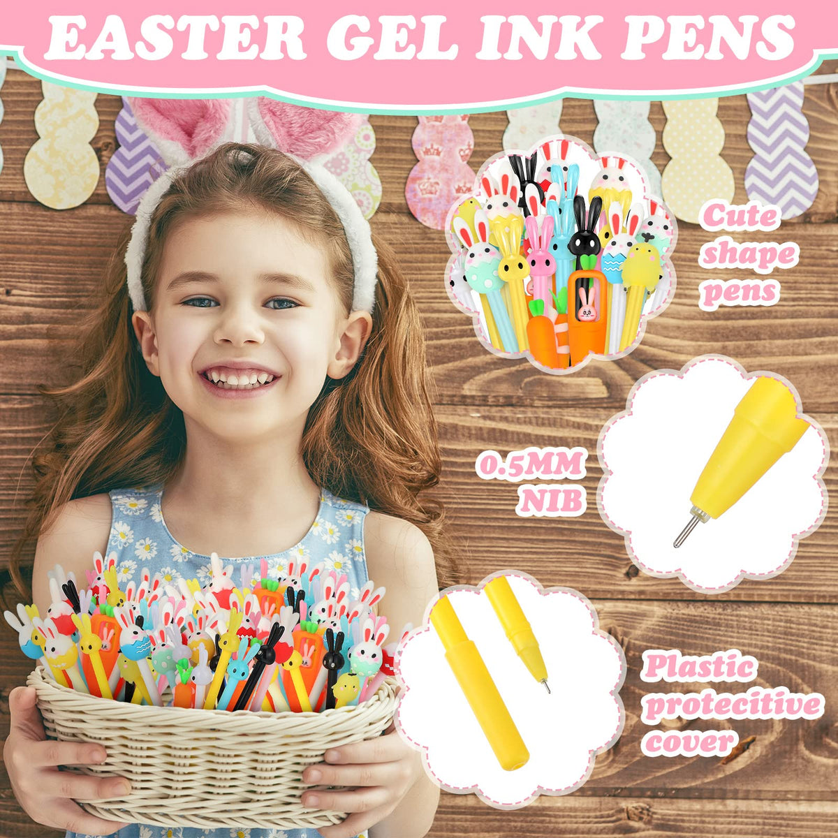 Tinlade 200 Pcs Easter Pen Bulk Bunny Rabbit Gel Ink Pens Easter Gifts 0.5mm Ink Cute Carrot Kawaii