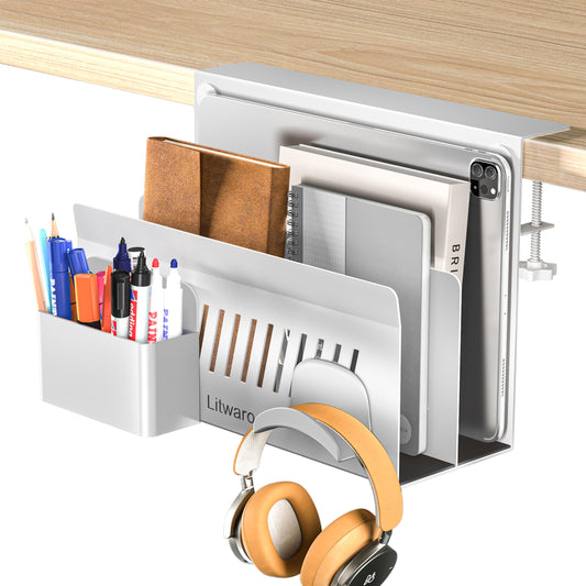 Litwaro Desk Side Storage Organizer, 2 Tier Under Desk Laptop Holder No Drill, Laptop Mount with