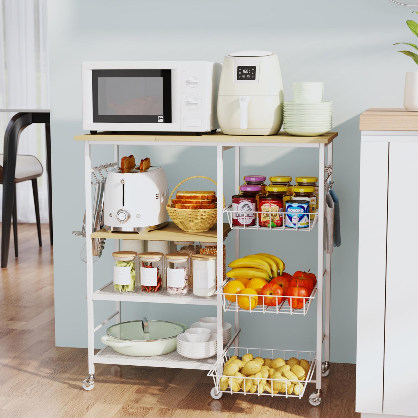 HapiRm Rolling Kitchen Microwave Cart - 4 Tier Microwave Table Stand with Pull-Out Baskets, Coffee
