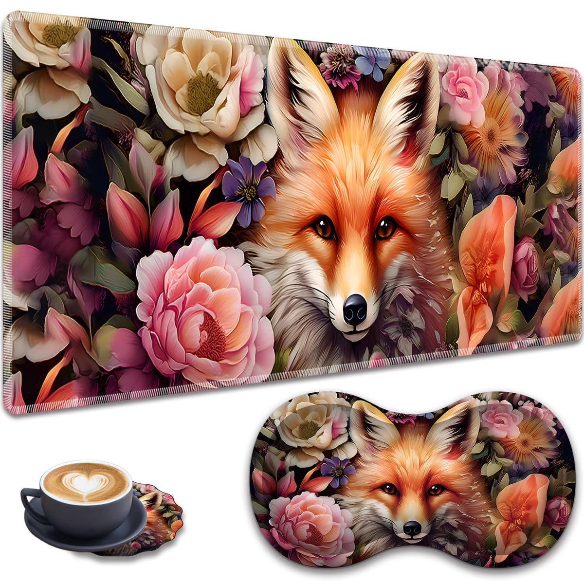 3-Piece Fairy Fox Floral Mouse Pad Set, Including Wrist Support Pad and Cup Holder, with Waterproof