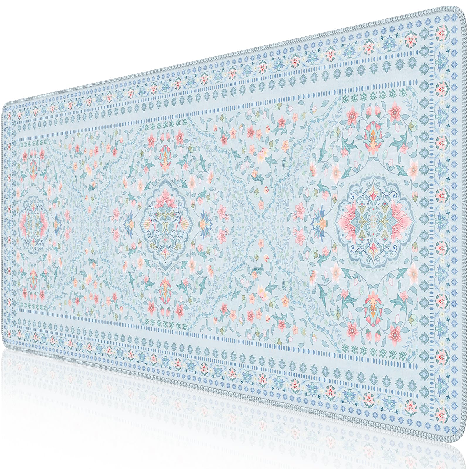 HAOCOO Floral Desk Mat, 35.4" x 15.7" Mouse Pad for Home Office School Blue