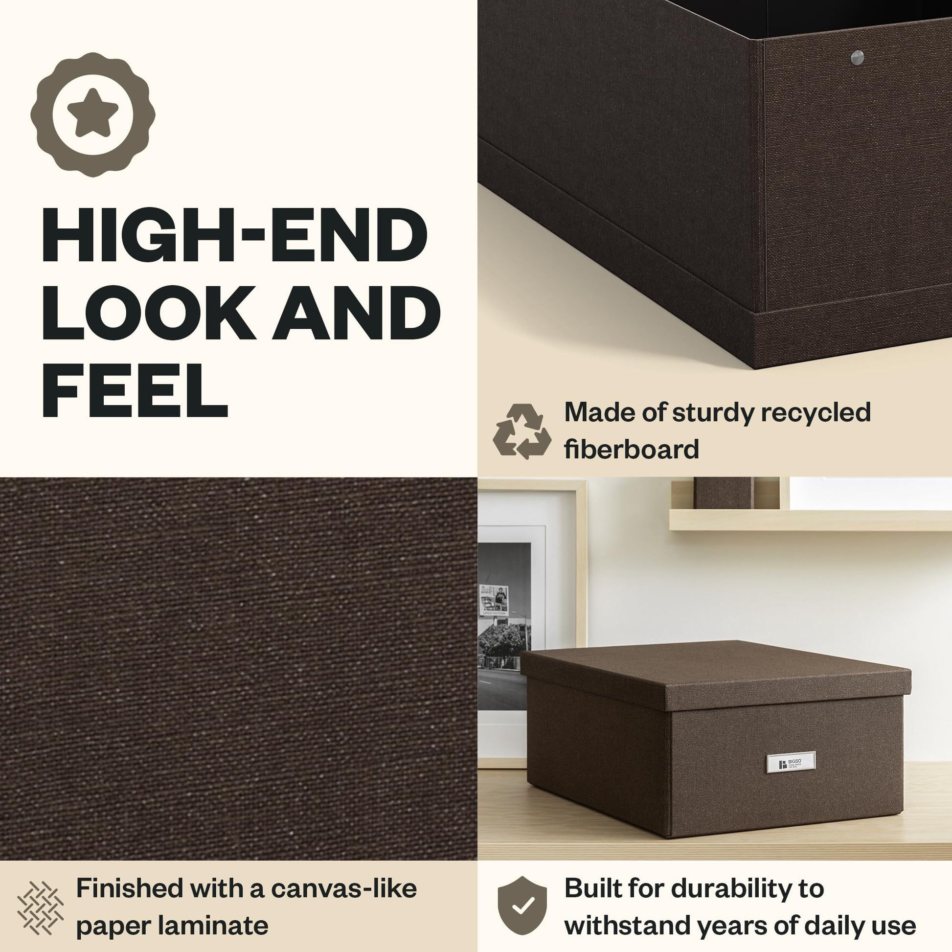 Bigso Katrin Collapsible Storage Box with Lid - Decorative Photo Storage Box with Label Holder for