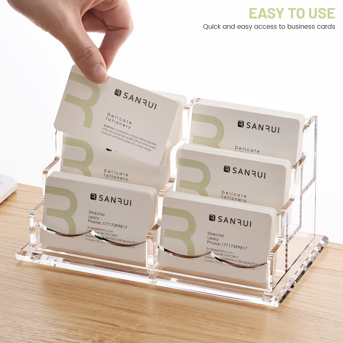 SANRUI Clear Acrylic Desk Business Card Holder, 6 Horizontal Slots