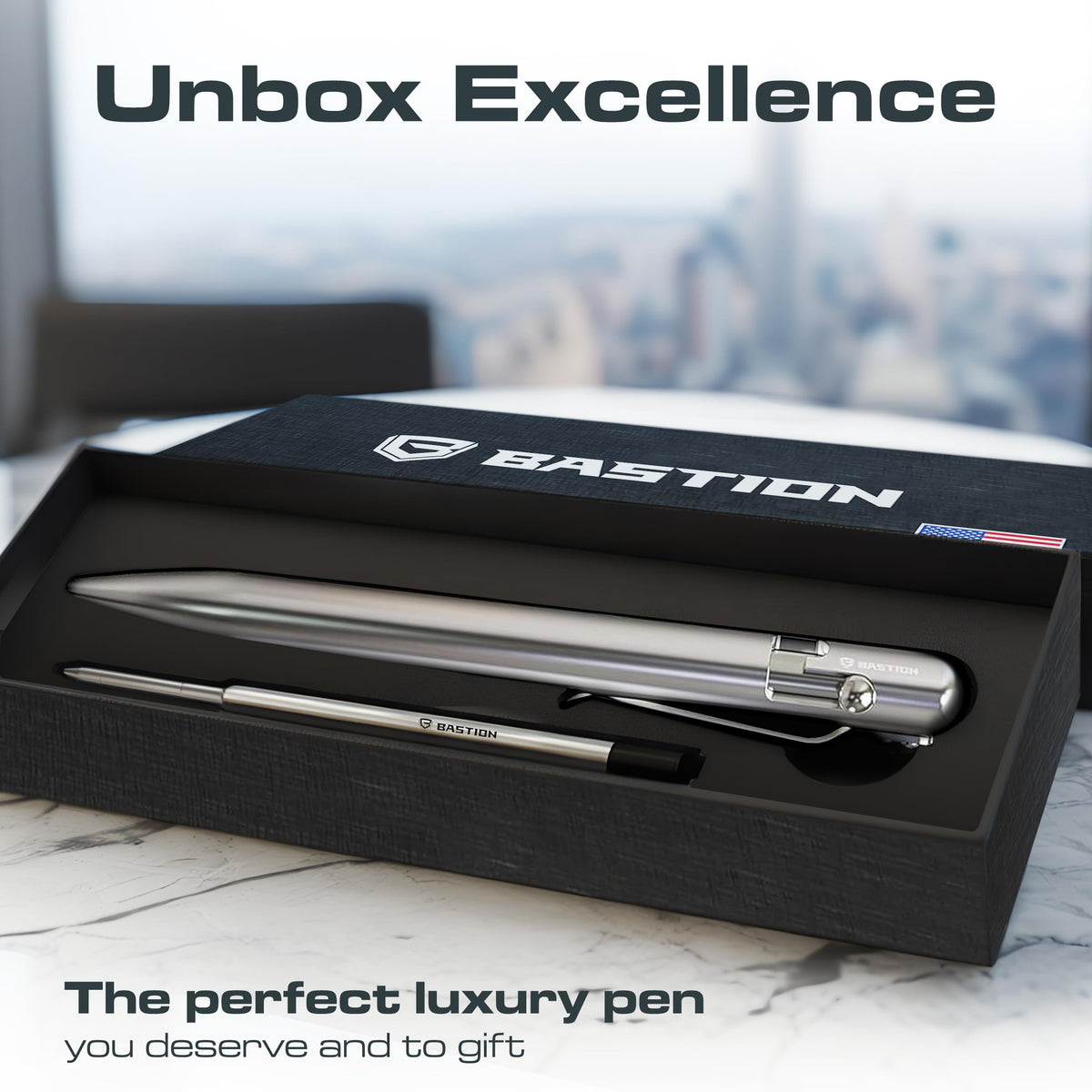 BASTION Bolt Action Pen, Stainless Steel Silver, HyperBolt & ZeroSeam EDC Pen, Refillable Metal