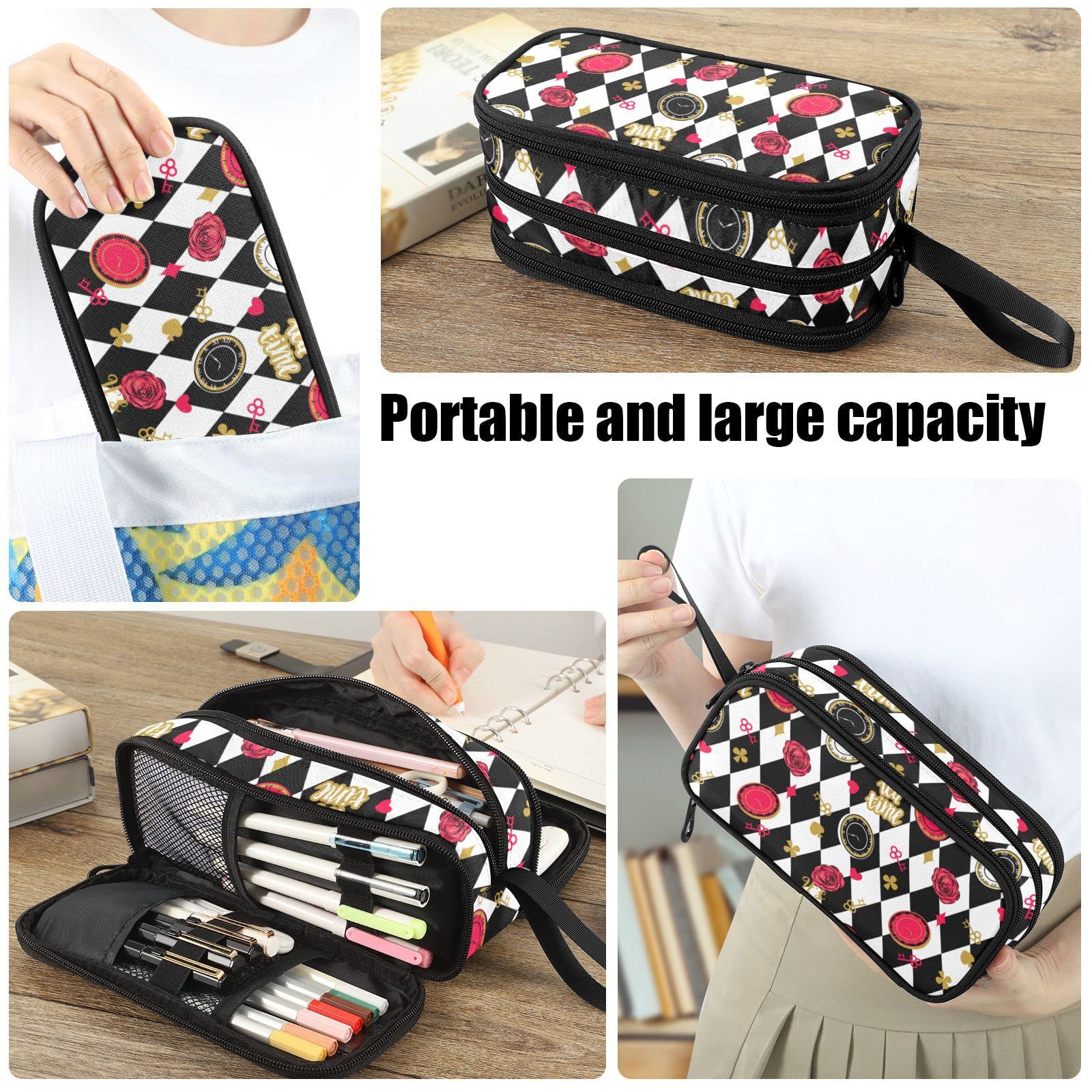 Fustylead Alice Chess Board Pen Pencil Case with Zipper Makeup Pouch Cosmetics Bag Multi-Purpose