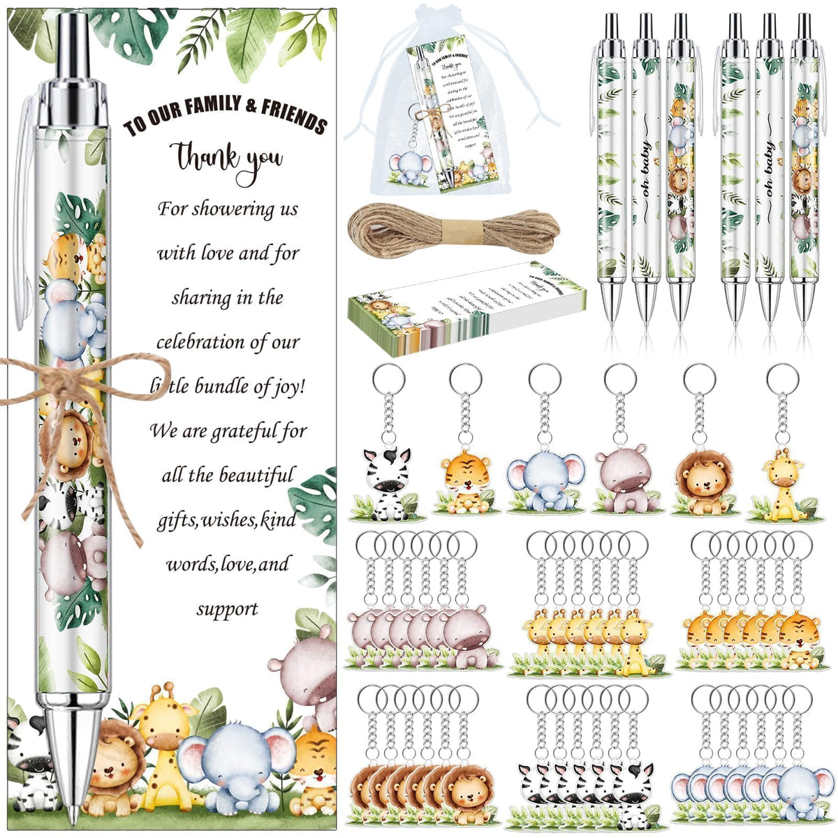 EYNDYN 145 Pieces Safari Baby Shower Favors for Guest Wild Animal Ballpoint Pens and Keychains