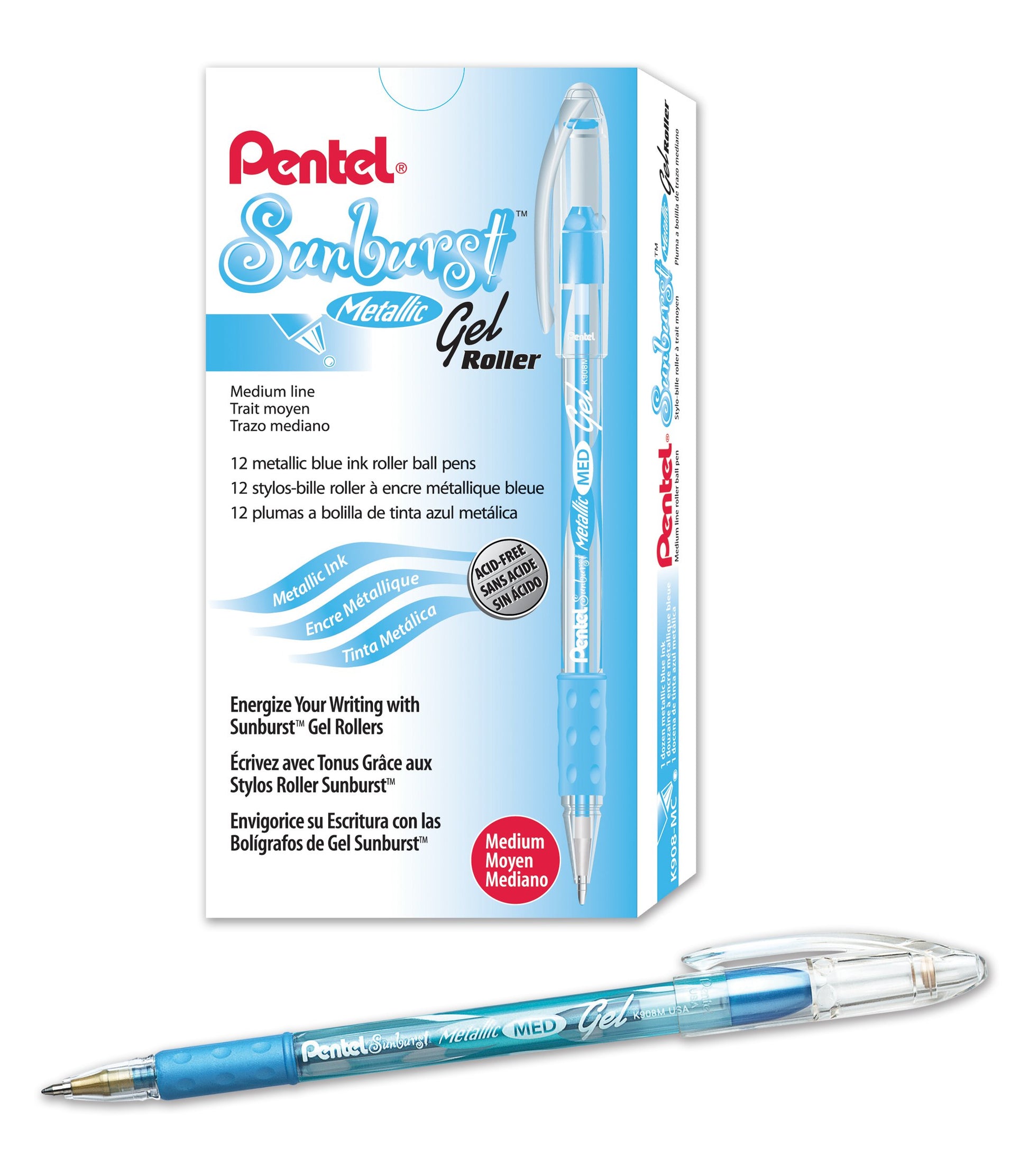 Pentel Sunburst Metallic Gel Pen, 0.8mm Tip Writes 0.4mm Line, Blue/Transparent Barrel Blue Ink