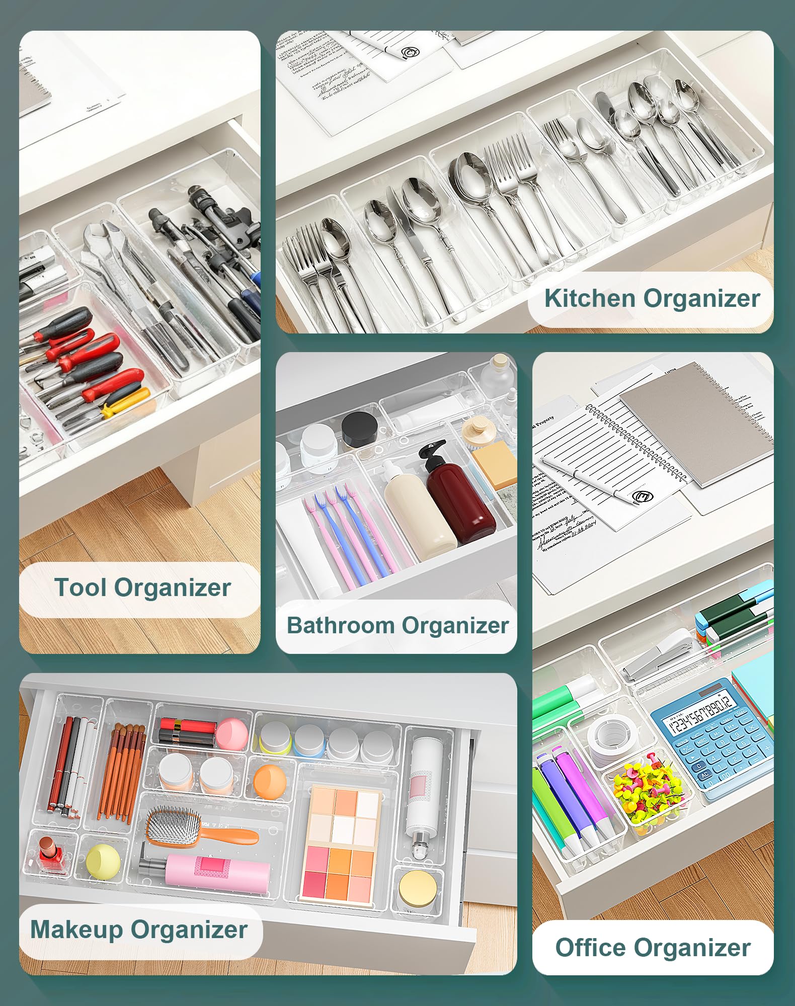 VEXTHYX 55Pcs Clear Plastic Drawer Organizers Set, 4size makeup drawer organizer trays for