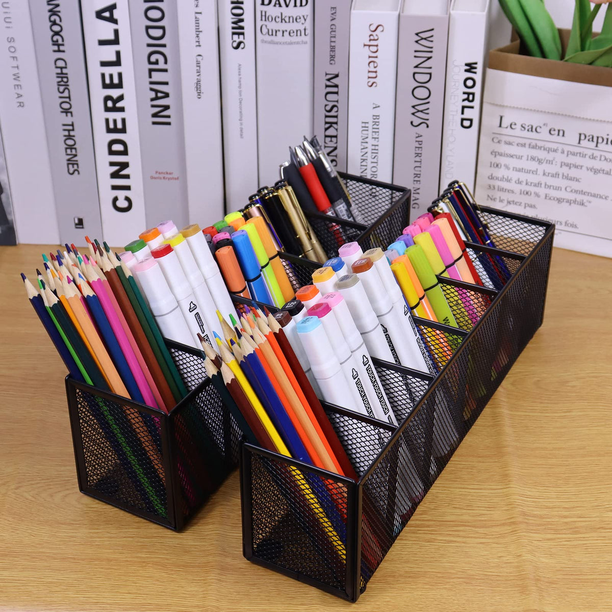 Flytreal Black Mesh Pen Pencil Holder, Small Metal Desk Organizer Desktop Stationery Office