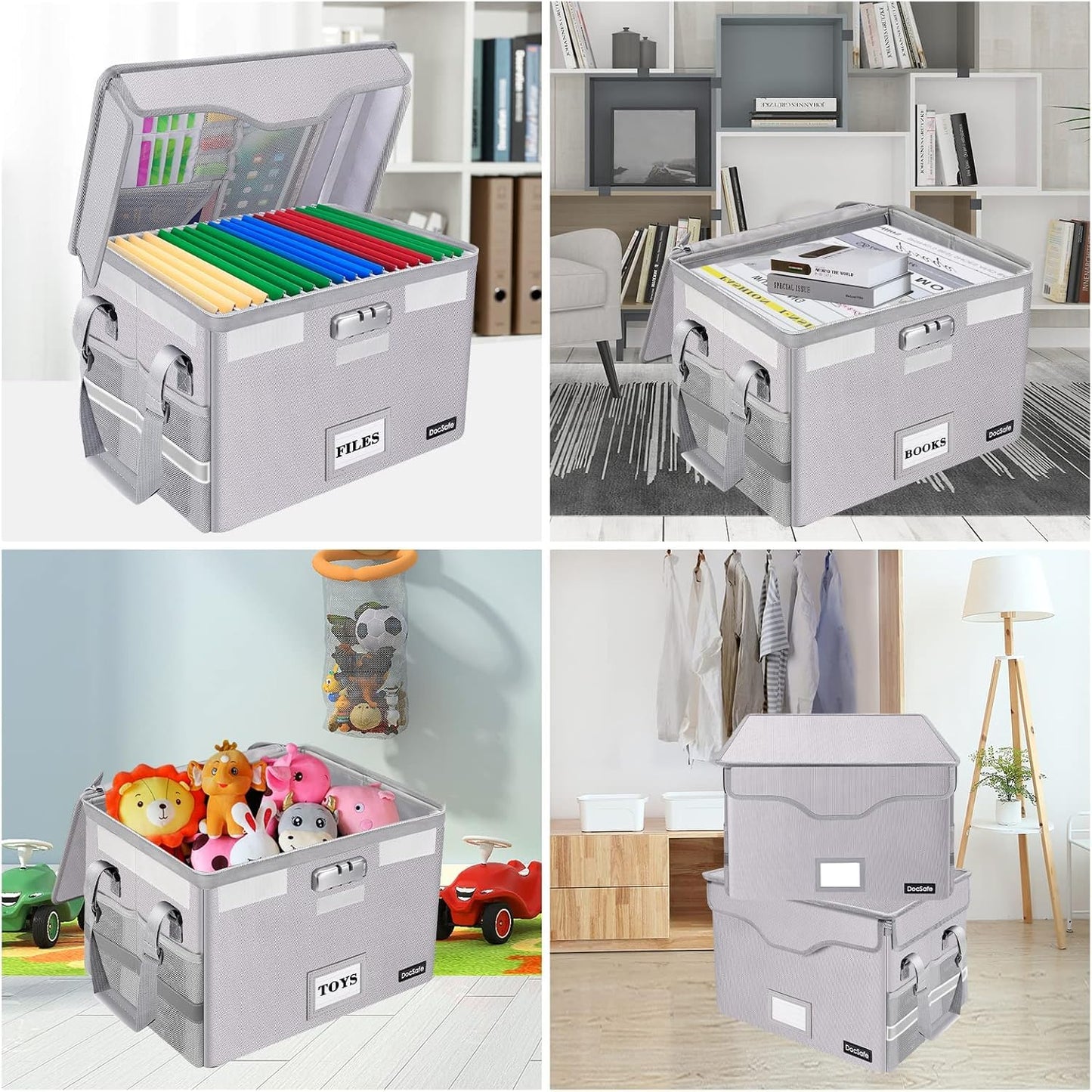 DocSafe Fireproof Document Box with Lock,File Storage Organizer with Pockets,Collapsible Portable