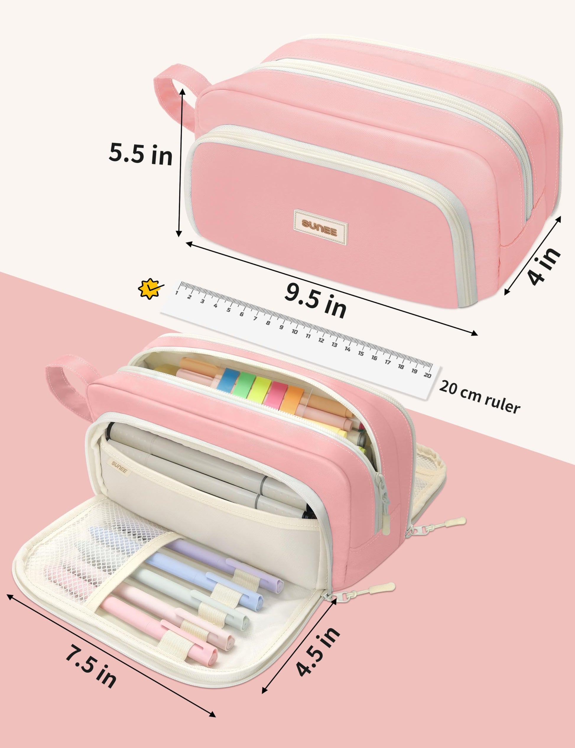 SUNEE Large Pencil Case, Big Capacity Pen Pouch with 3 Compartments, Kawaii Cute Pencil Bag with