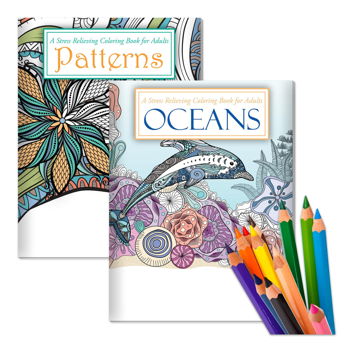 ZOCO – Adult Coloring Books with Colored Pencils (2-Pack Bundle) – Oceans and Patterns – for