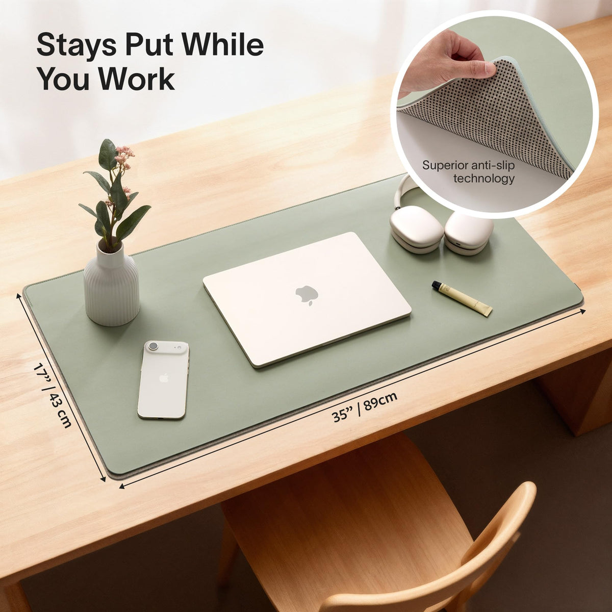 Nordik Felt and Leather Desk Mat - Dual Layer Willow Haze Sage 35 x 17 in