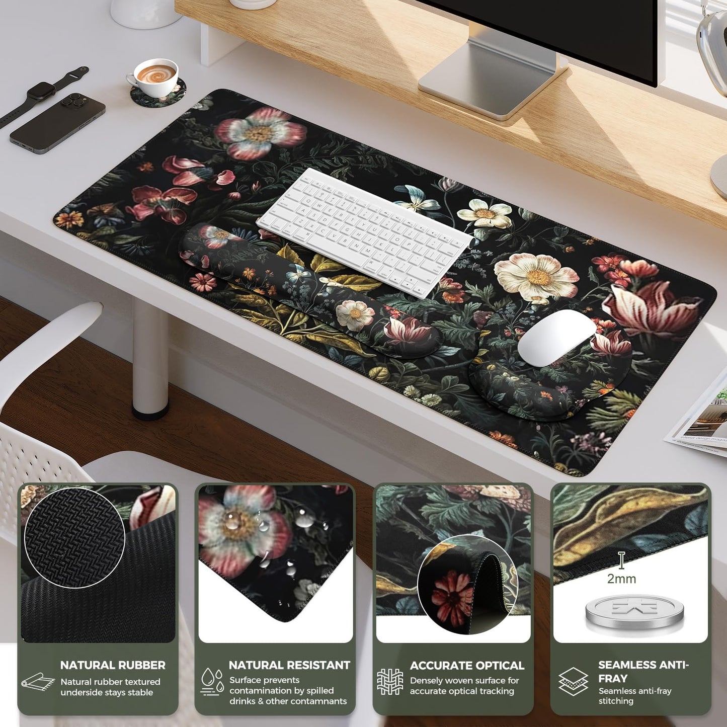 iCasso Desk Cover Mat, 4in1 Floral Large Mouse Pad with Wrist Rest