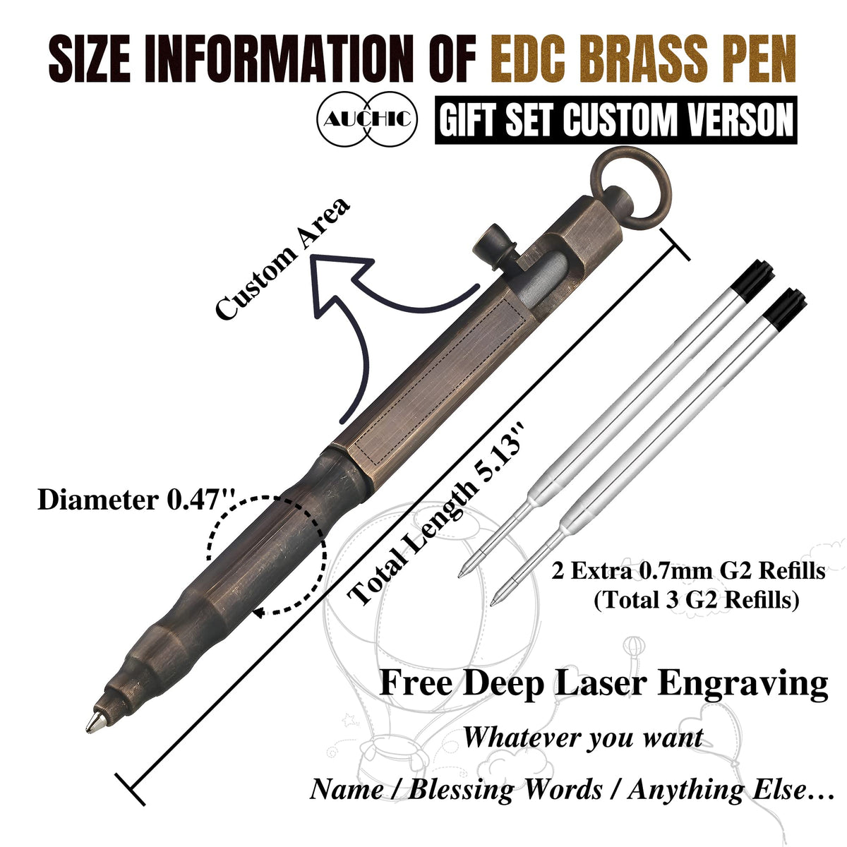 Auchic Custom Bolt Action Pen Free Engraving Custom Pocket EDC Metal Pen with 3 Refills Engravable