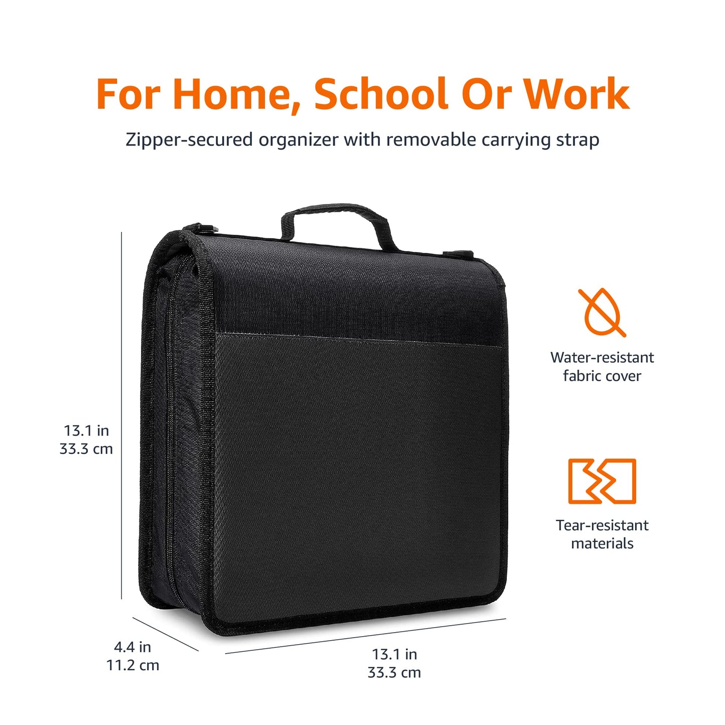 Amazon Basics Durable 3 Ring Binder with Zipper and Strap, Multiple Pockets, Sturdy Storage for