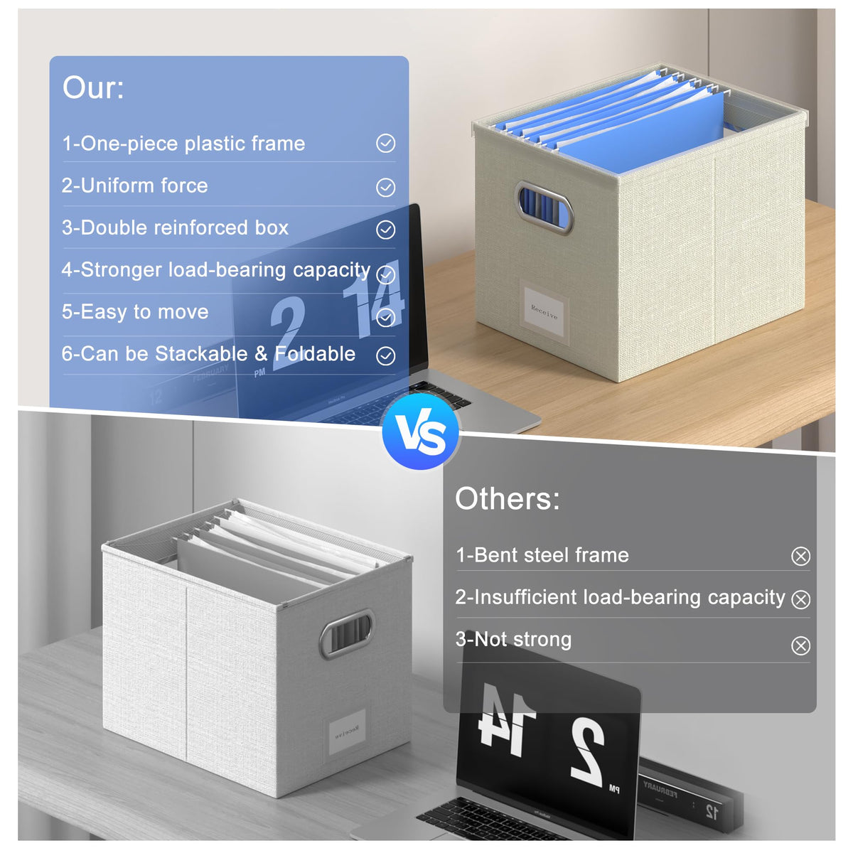 GRSQYS 2Pack File Box with Lid with One-Piece Plastic Frame Slides