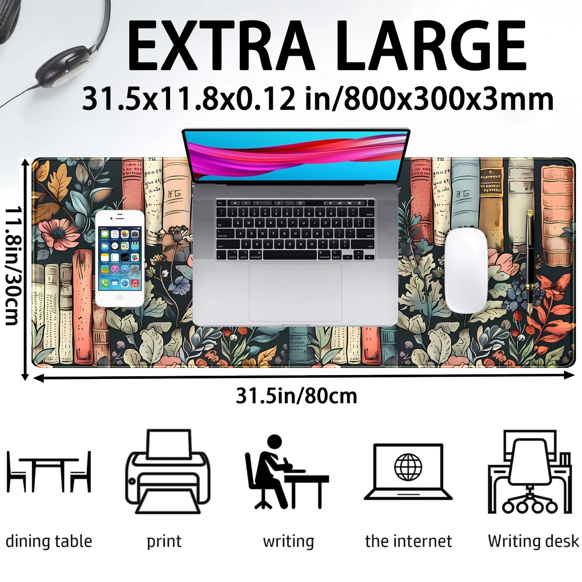 Flowers Desk Pads Gaming Desk Mat Large Keyboard Mouse Pad XL, Book Elements Computer Desktop Mats