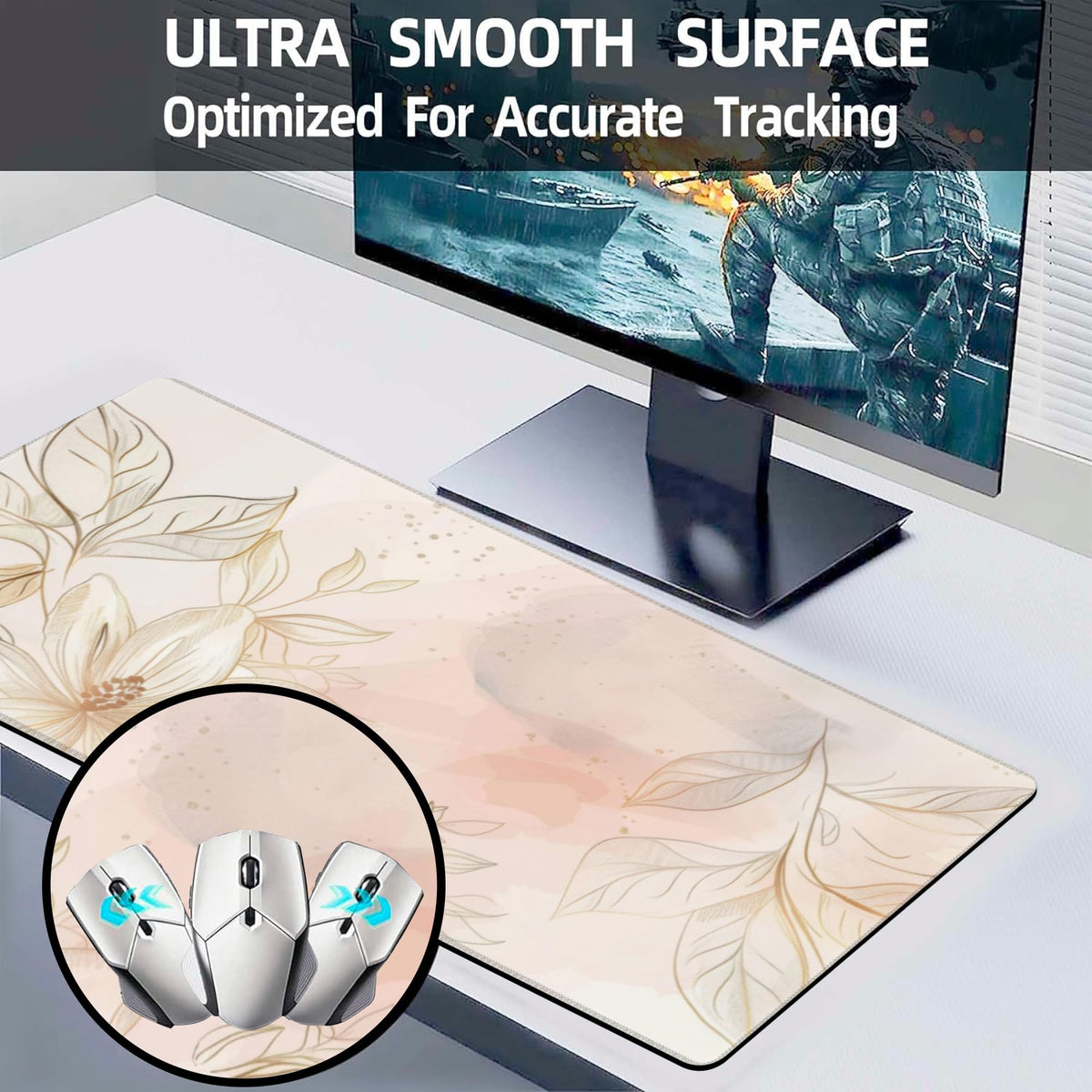 Desk Mat,Minimalist Flowers and Leaves Large Gaming Mouse Pad for Desk XL,Golden Line Floral Desk