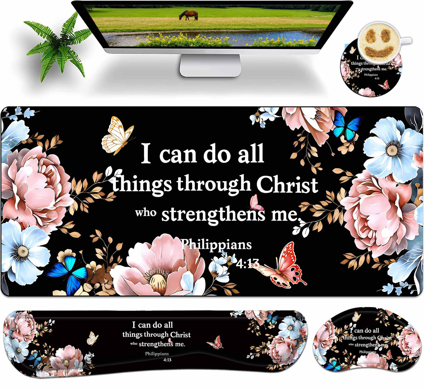 Extended Large Mouse Pad Set 31.5 x 15.7 – Christian Floral All-in-One Desk Set with Keyboard Wrist