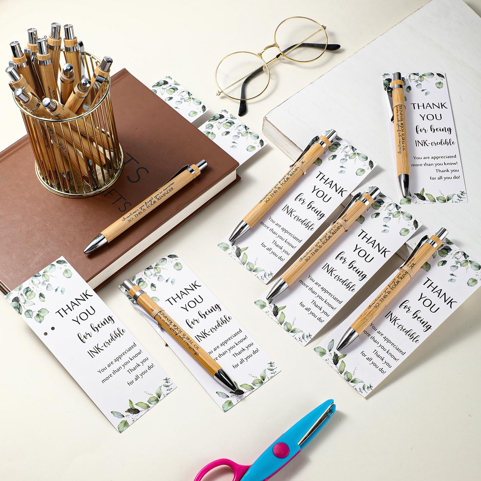Yeaqee 72 Sets 36 Sets Bamboo Pens with Thank You Card, Your Reminder