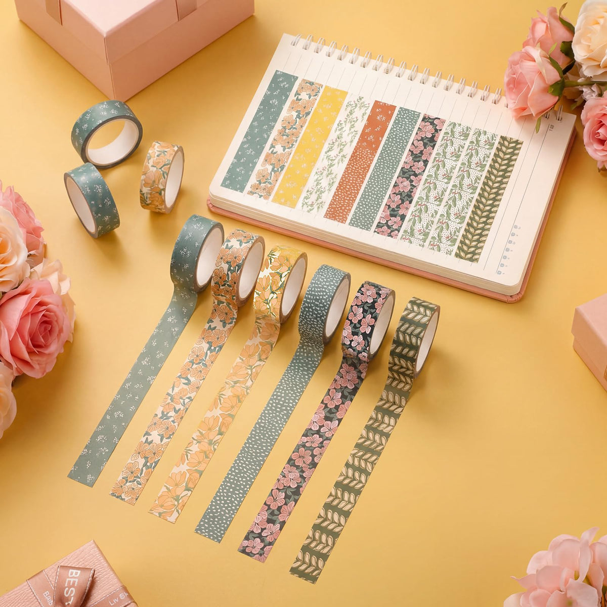 YooNotee 12 Rolls Floral Washi Tape Set,Warm Tones,Botanic