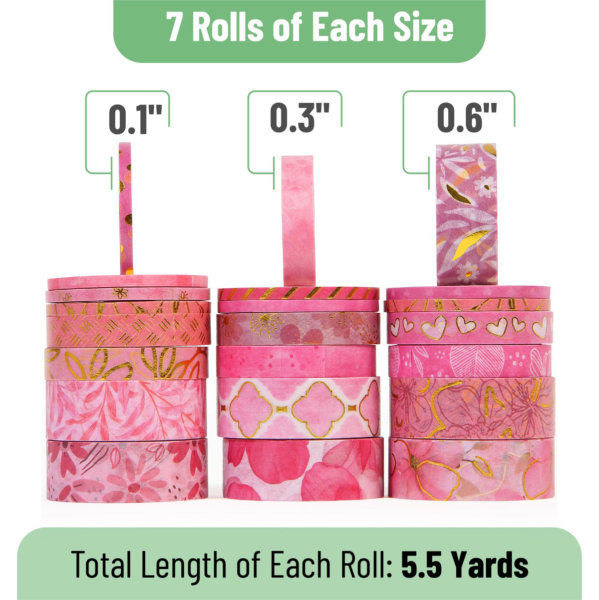 Mr. Pen- Washi Tape Set, 21 Rolls, Assorted Sizes, Floral Pink