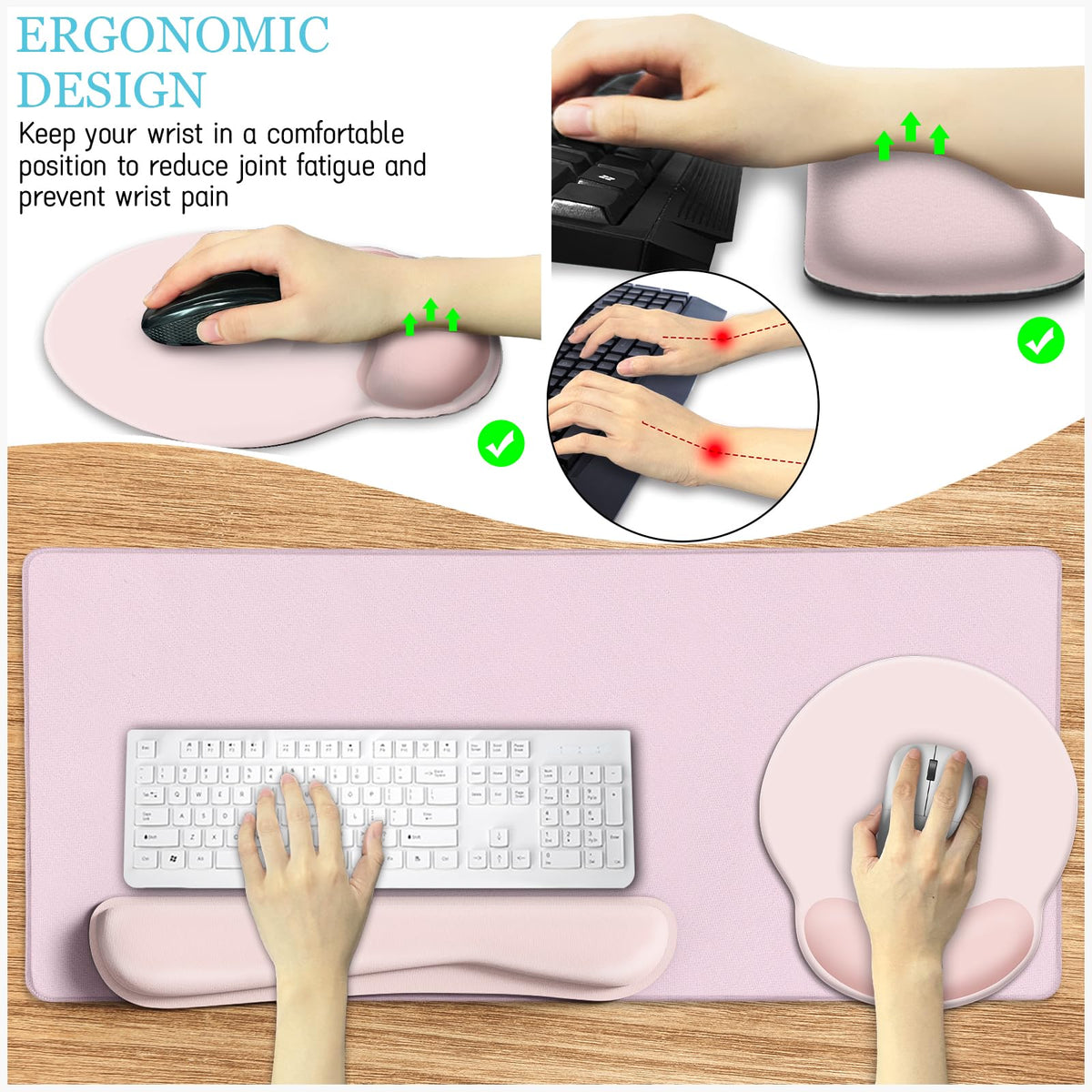 LIMKRIAN Pink Desk Mat Set, Mouse Pad with Wrist Rest & Keyboard Support