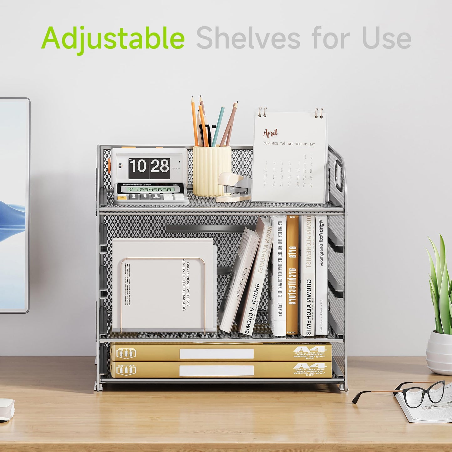 Cawukege 5 Tier Paper Organizer with Handle, Silver Metal Mesh Desk Organizer File Folder Paper