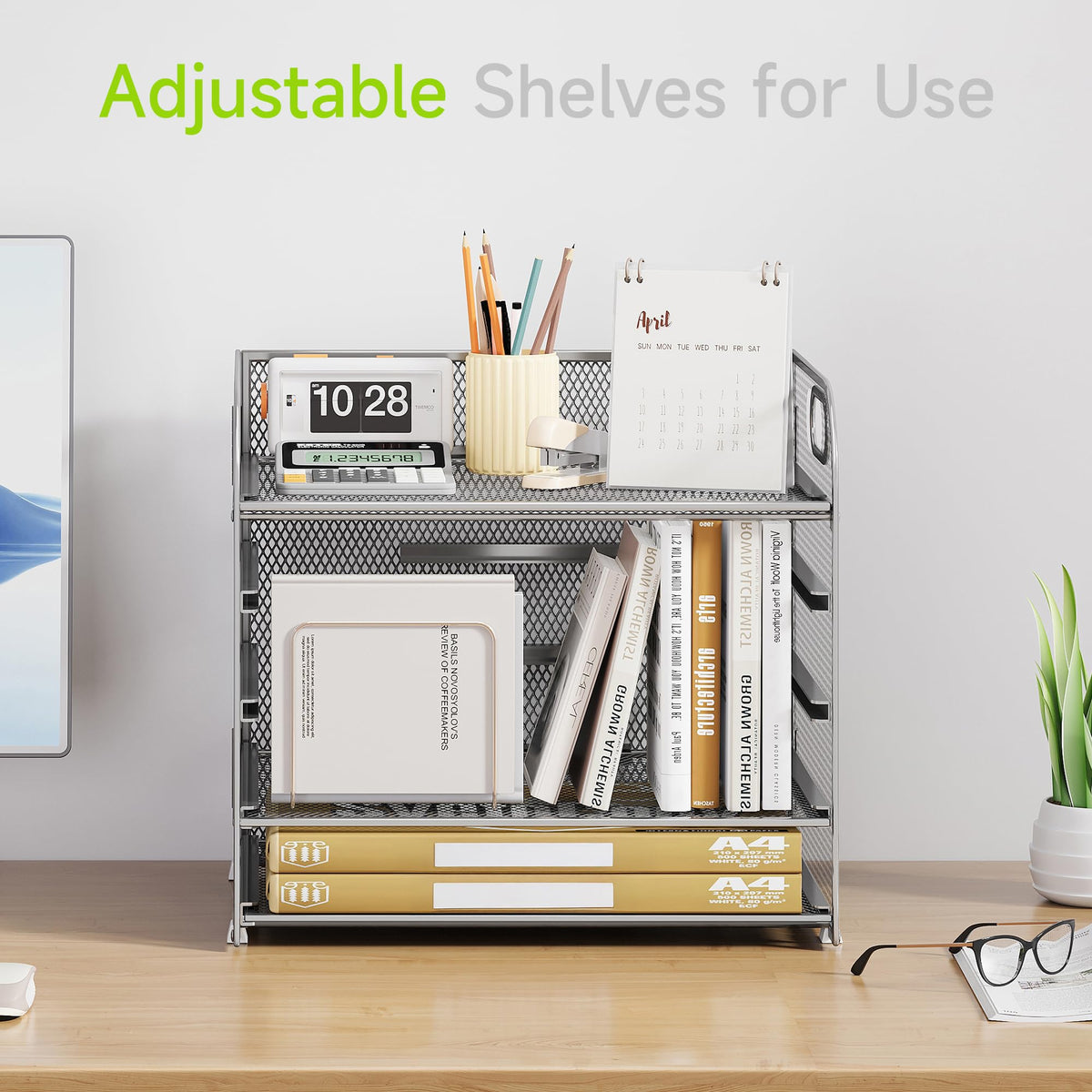 Cawukege 5 Tier Paper Organizer with Handle, Silver Metal Mesh Desk Organizer File Folder Paper